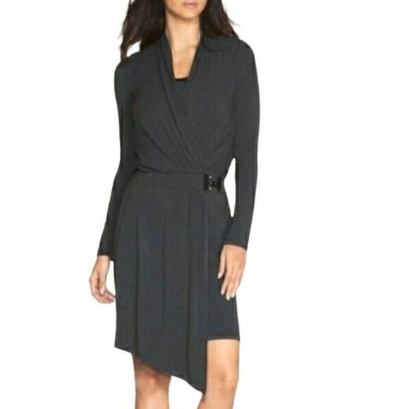 WHBM Dress Edgy Wrap Asymmetrical Hem Knit Long Sleeve Ruffle Gray Sz 00P - Picture 1 of 10